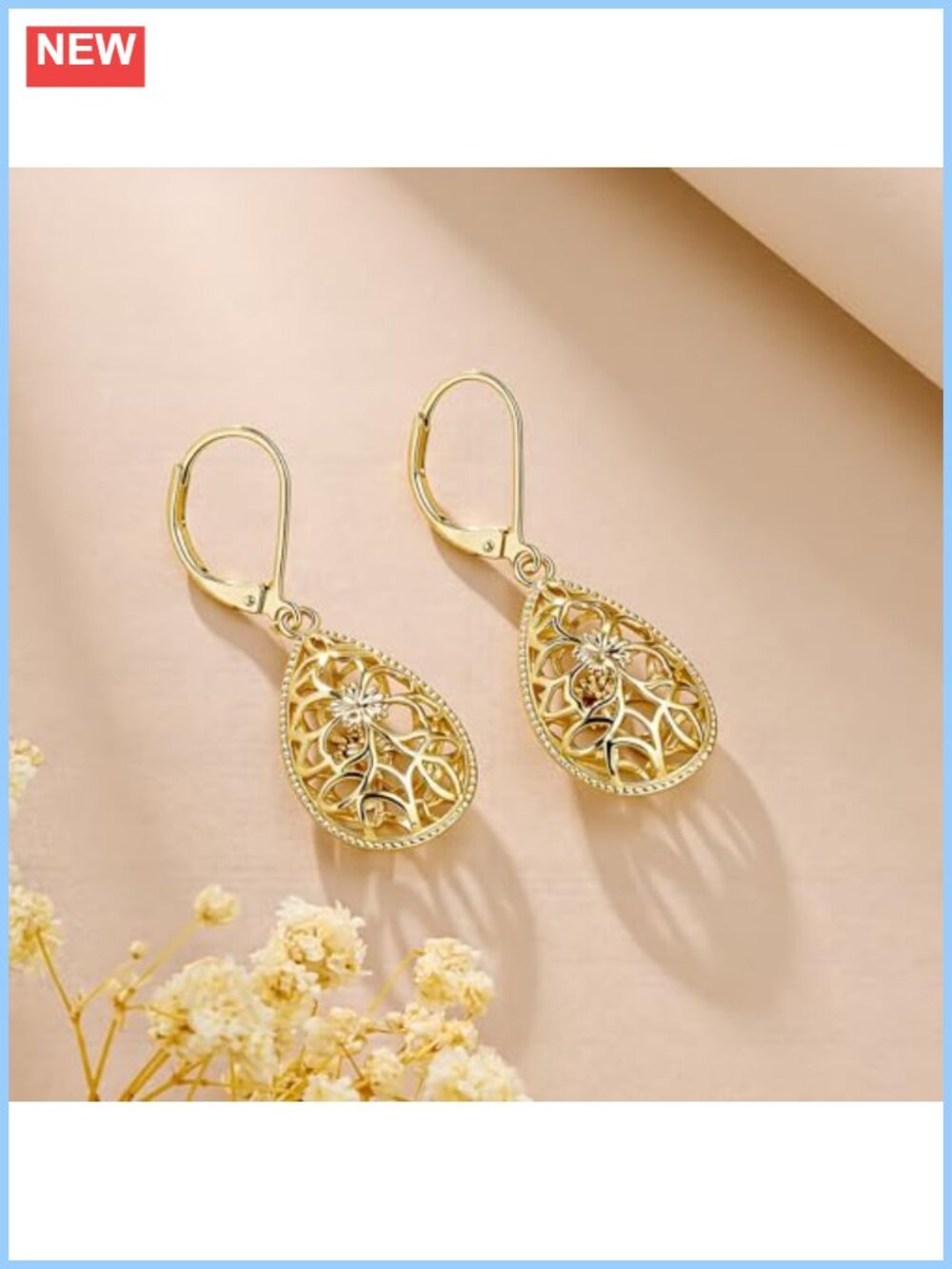 Filigree Leverback Teardrop Dangle Earrings 14K Gold Plated Women Jewelry - Picture 2 of 6